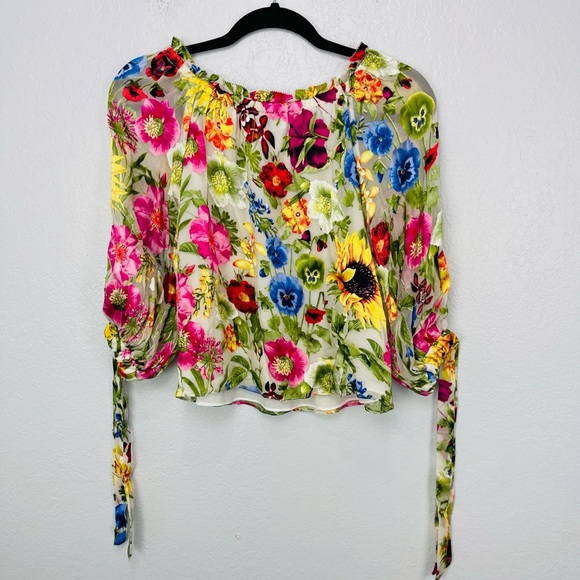 ALICE + OLIVIA Sunday Stroll Floral Off Shoulder Velvet Silk Blouse - Picture 10 of 12